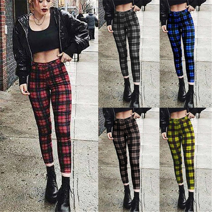 Popular Plaid High Waist Leggings Women Casual Pants Stretch Feet Pants Pencil Pants-Fancey Boutique