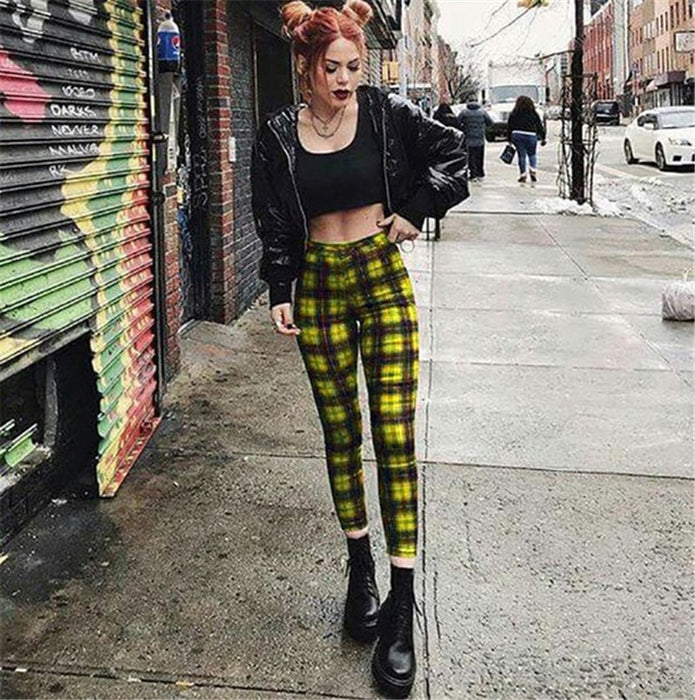 Popular Plaid High Waist Leggings Women Casual Pants Stretch Feet Pants Pencil Pants-Yellow-Fancey Boutique