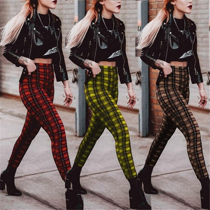 Popular Plaid High Waist Leggings Women Casual Pants Stretch Feet Pants Pencil Pants-Fancey Boutique