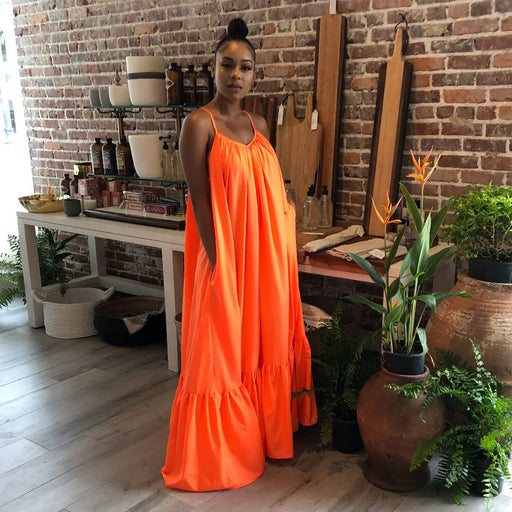 Color-Orange-Spaghetti Straps Sleeveless Solid Color Long Large Hem Dress-Fancey Boutique