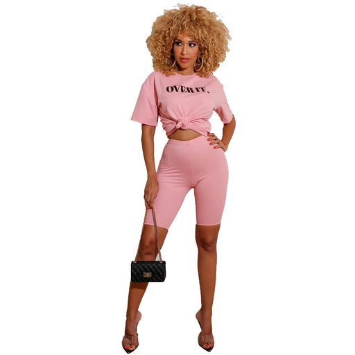 Letter Graphic Printing Casual Two Piece Shorts Suit Women Clothing-Pink-Fancey Boutique