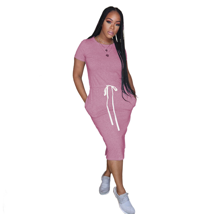 Color-Pink-Dress Basic Elastic Waist Short Sleeve Solid Color T shirt Midi Dress-Fancey Boutique