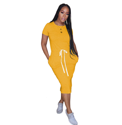 Color-Yellow-Dress Basic Elastic Waist Short Sleeve Solid Color T shirt Midi Dress-Fancey Boutique