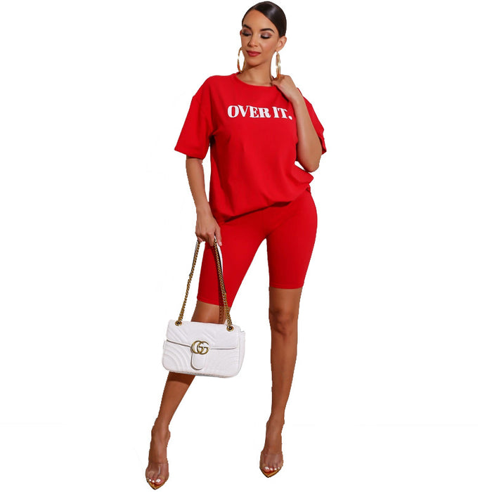 Letter Graphic Printing Casual Two Piece Shorts Suit Women Clothing-Red-Fancey Boutique