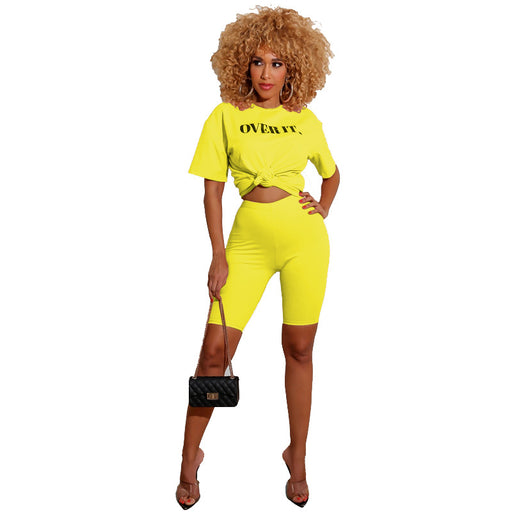 Letter Graphic Printing Casual Two Piece Shorts Suit Women Clothing-Yellow-Fancey Boutique