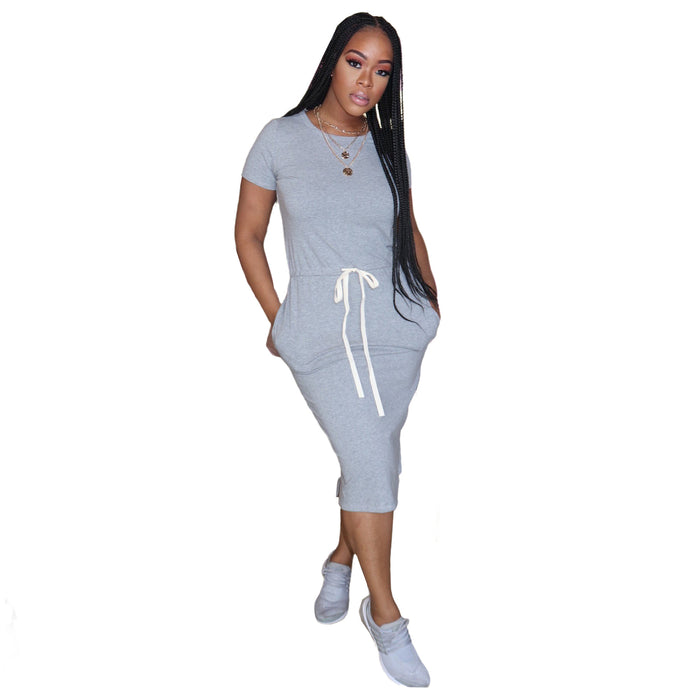 Color-Gray-Dress Basic Elastic Waist Short Sleeve Solid Color T shirt Midi Dress-Fancey Boutique