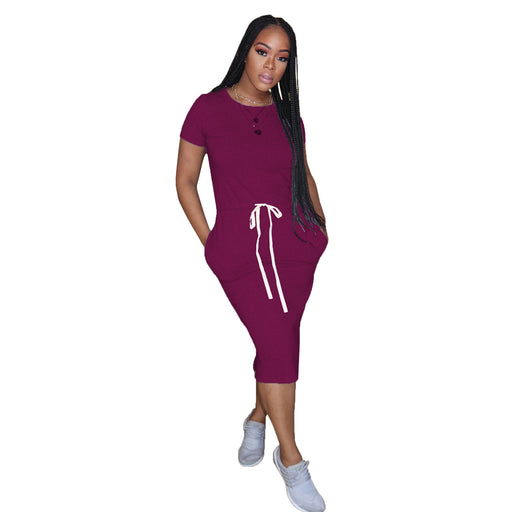 Color-Fuchsia-Dress Basic Elastic Waist Short Sleeve Solid Color T shirt Midi Dress-Fancey Boutique