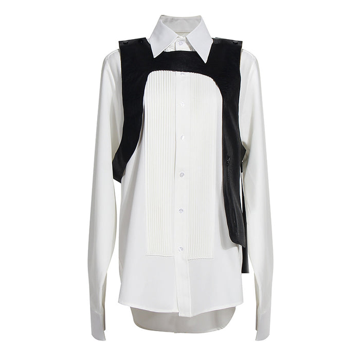 Color-White-Independent Design Exquisite Organ Pleated Niche Heavy Industry Loose Boyfriend White Shirt Two Piece Vest Set-Fancey Boutique