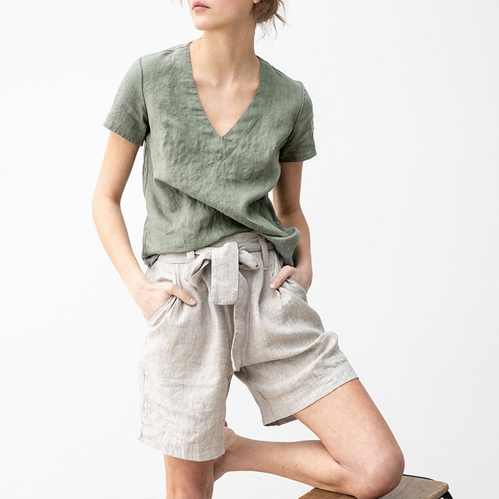 Color-Hemp Color-Linen Shorts Women Spring Summer Slimming Series Belt Cotton Linen Straight High Waist Niche Cotton Linen Casual Pants-Fancey Boutique