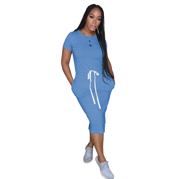 Color-Light Blue-Dress Basic Elastic Waist Short Sleeve Solid Color T shirt Midi Dress-Fancey Boutique