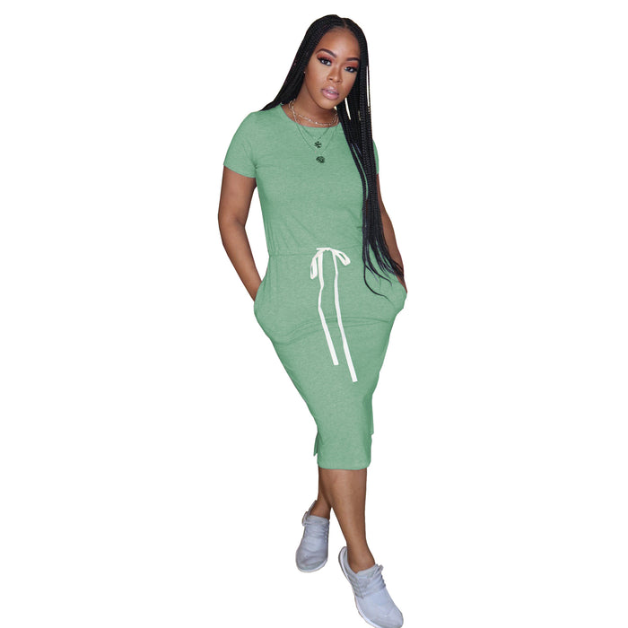 Color-Bean Green-Dress Basic Elastic Waist Short Sleeve Solid Color T shirt Midi Dress-Fancey Boutique
