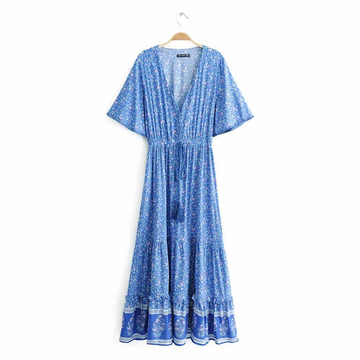 Vacation Positioning Printed Tassel Waist-Controlled Lace-up Beach Large Swing Dress Women Summer V-neck Short Sleeve Dress-Blue-Fancey Boutique