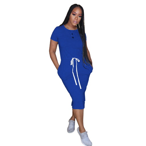Color-Blue-Dress Basic Elastic Waist Short Sleeve Solid Color T shirt Midi Dress-Fancey Boutique