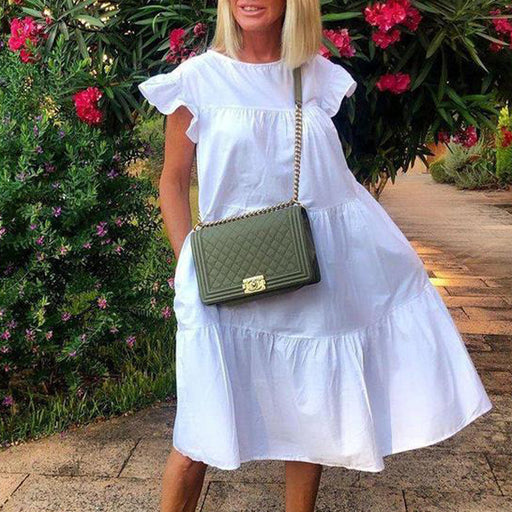 Color-White-Women Clothing Loose Pleated Short Sleeve Dress Women Solid Color-Fancey Boutique