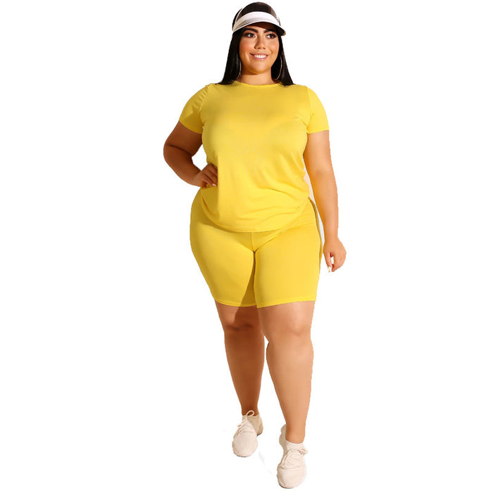 Color-Fresh Yellow-Plus Size Solid Color Casual Pants Suit Women Two-Piece Suit-Fancey Boutique