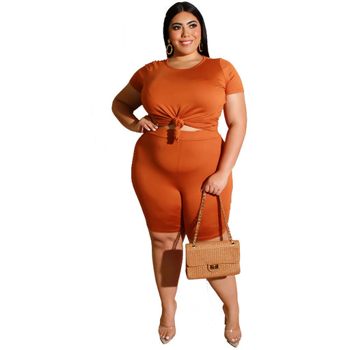 Color-Orange-Plus Size Solid Color Casual Pants Suit Women Two-Piece Suit-Fancey Boutique