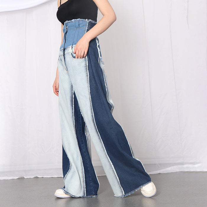 Denim Color Contrast Patchwork Wide Leg Pants for Women High Waisted Trousers Tight Waist Loose Drooping Figure Flattering Mopping Pants Women-Fancey Boutique