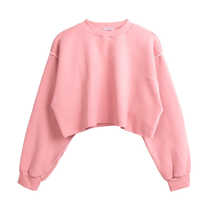 Color-Pink-Fleece Lined Long Sleeved Fitness Yoga Wear Top Sports Cropped Short Sweater Women-Fancey Boutique