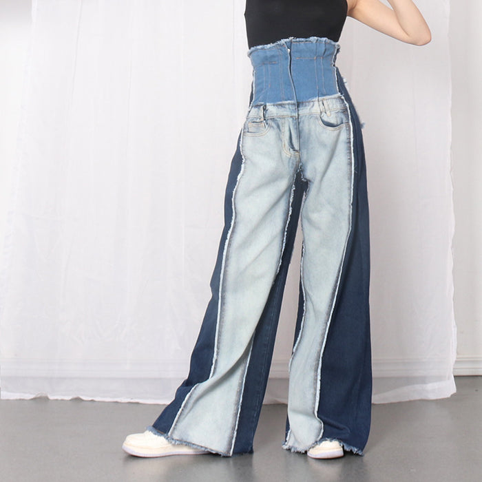 Denim Color Contrast Patchwork Wide Leg Pants for Women High Waisted Trousers Tight Waist Loose Drooping Figure Flattering Mopping Pants Women-Blue-Fancey Boutique