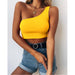 Color-Yellow 1-Products Solid Color Low Cut Sleeveless Cropped One Shoulder Halterneck Vest-Fancey Boutique