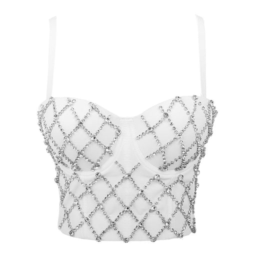 Color-White-Stage Padded Strap Vest Women Outer Wear Sexy Top Sexy Off The Shoulder Tide Beaded Performance Wear-Fancey Boutique