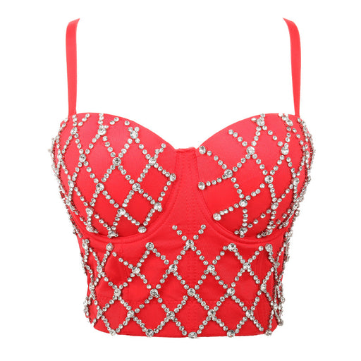 Color-Red-Stage Padded Strap Vest Women Outer Wear Sexy Top Sexy Off The Shoulder Tide Beaded Performance Wear-Fancey Boutique