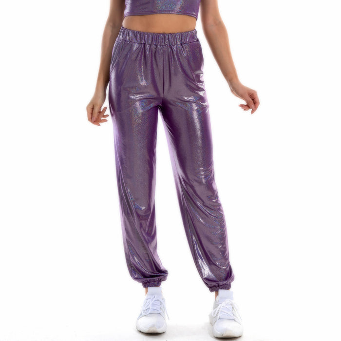 Color-Purple-Hip Hop Trousers Women Shiny Breathable Elastic Waist Casual Pants Women-Fancey Boutique