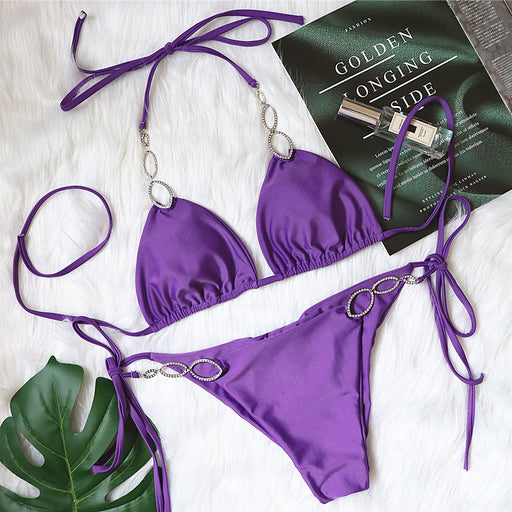 Color-Purple-Bikini Sexy Metal Accessories Rhinestone Women Split Swimsuit Plain Bandage Swimsuit-Fancey Boutique