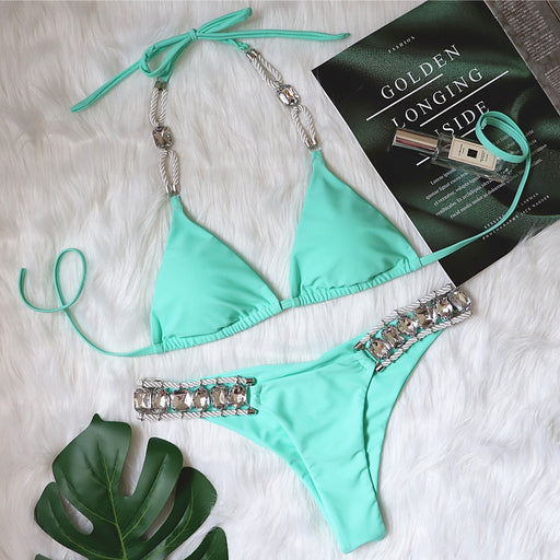 Color-Green-Swimsuit Sexy Crystal Diamond Women Swimwear Plain Strap Halter Bikini-Fancey Boutique
