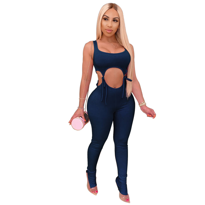 Color-Navy Blue-Summer Women Clothing Sunken Stripe High Elastic Lace-up Tight Sexy Fashion Suit-Fancey Boutique