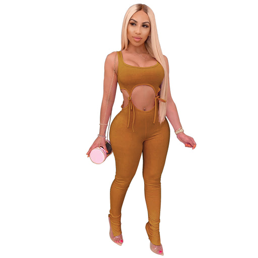 Color-Camel-Summer Women Clothing Sunken Stripe High Elastic Lace-up Tight Sexy Fashion Suit-Fancey Boutique