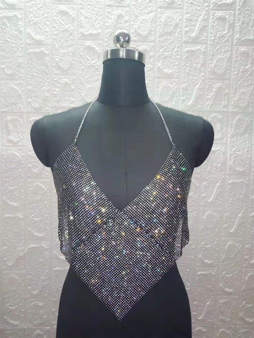 Color-Black-Women Clothing Nightclub Sexy Low Cut Backless Halter Rhinestone Stitching Triangle Vest Women-Fancey Boutique