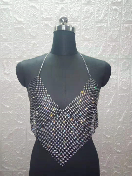 Color-Black-Women Clothing Nightclub Sexy Low Cut Backless Halter Rhinestone Stitching Triangle Vest Women-Fancey Boutique