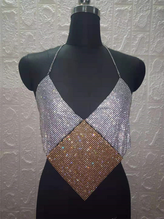 Color-Silver and Gold-Women Clothing Nightclub Sexy Low Cut Backless Halter Rhinestone Stitching Triangle Vest Women-Fancey Boutique