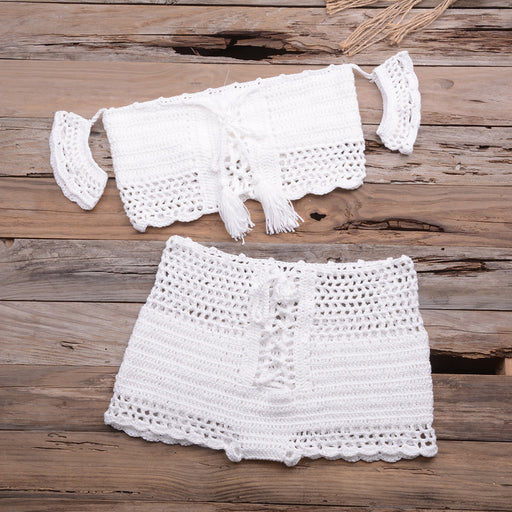 Color-White-Sexy Strap Hand Crocheting Woven Hollowed Bikini Split Swimsuit-Fancey Boutique