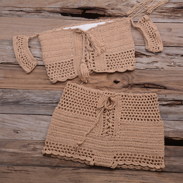 Color-Khaki-Sexy Strap Hand Crocheting Woven Hollowed Bikini Split Swimsuit-Fancey Boutique