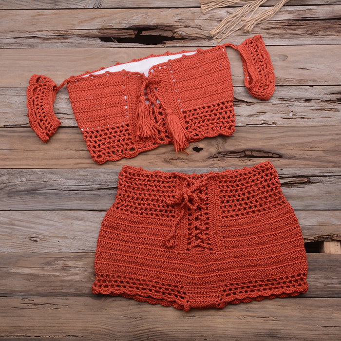 Color-Rusty Red-Sexy Strap Hand Crocheting Woven Hollowed Bikini Split Swimsuit-Fancey Boutique