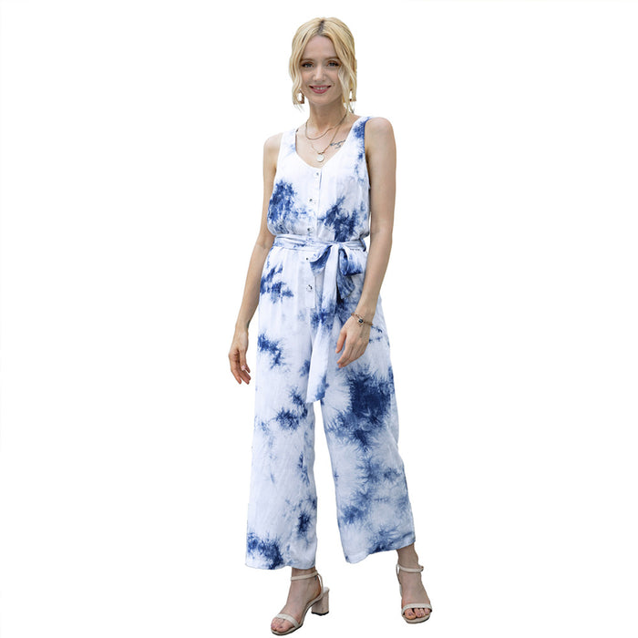 Color-Blue-Summer Tie Dye Jumpsuit Casual Waist Tight Jumpsuit Women-Fancey Boutique
