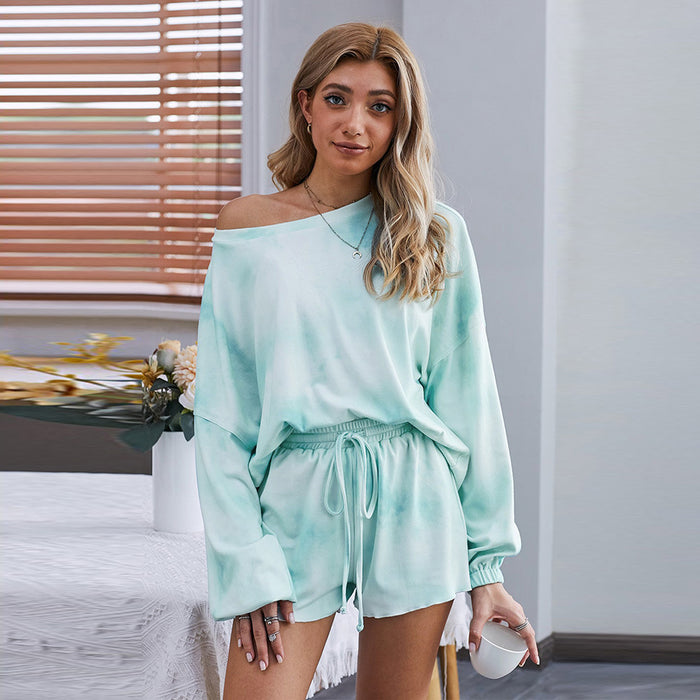 Color-skyblue-Ladies Homewear Two-Piece Summer Long Sleeve Large Tie-Dyed Shorts Pajamas-Fancey Boutique
