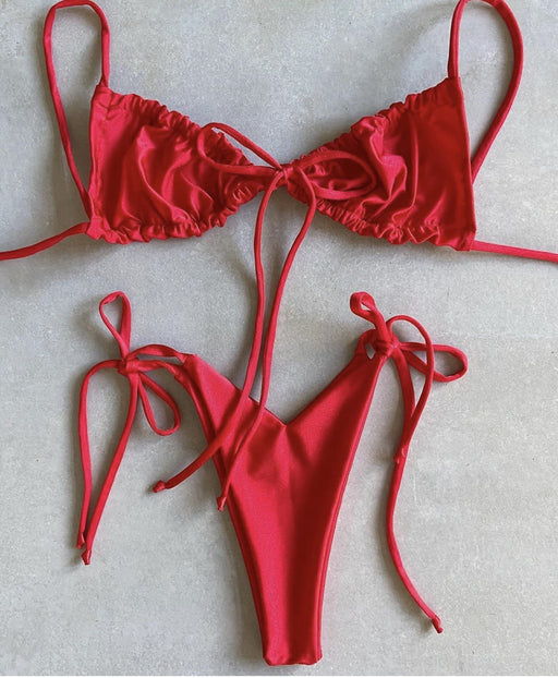 Color-Red-Popular Split Bikini Swimsuit Solid Color Women Bikini Tied Swimsuit-Fancey Boutique