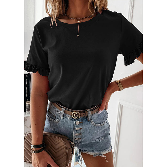 Summer Women Clothing Solid Color Short Sleeve Ruffled round Neck T shirt-Fancey Boutique