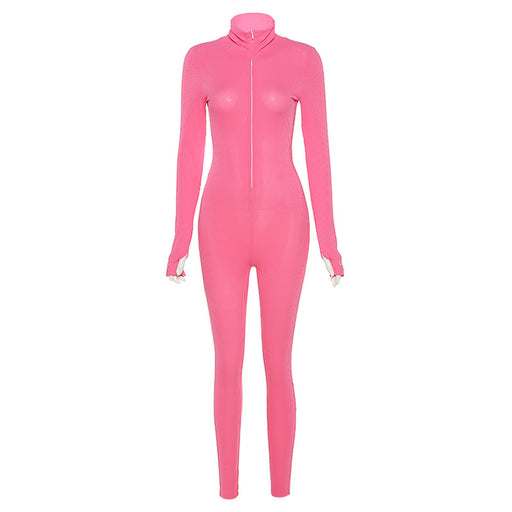 Color-Pink-Fall Women Clothing Turtleneck Embroidered Slim Fit Fitness Jumpsuit-Fancey Boutique