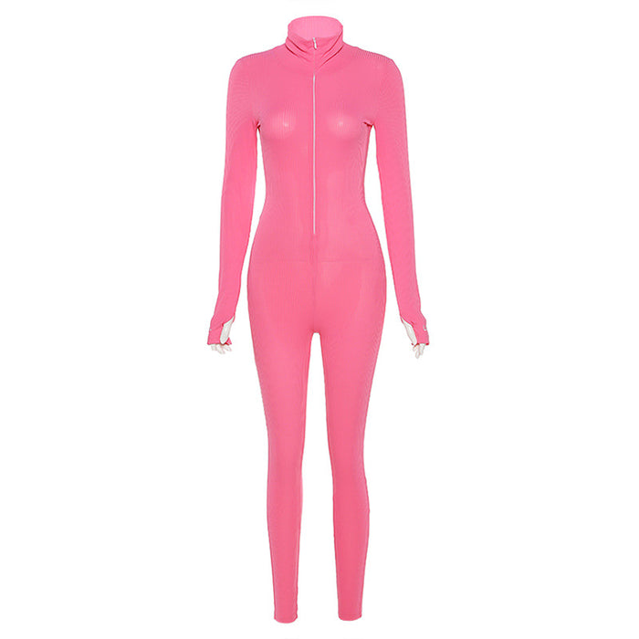 Color-Pink-Fall Women Clothing Turtleneck Embroidered Slim Fit Fitness Jumpsuit-Fancey Boutique