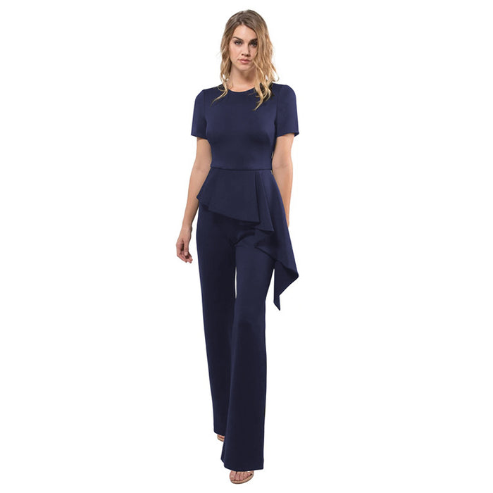 Color-purplish blue-Summer Women Clothing Short Sleeve Lotus Leaf Jumpsuit Women Tight Trousers-Fancey Boutique