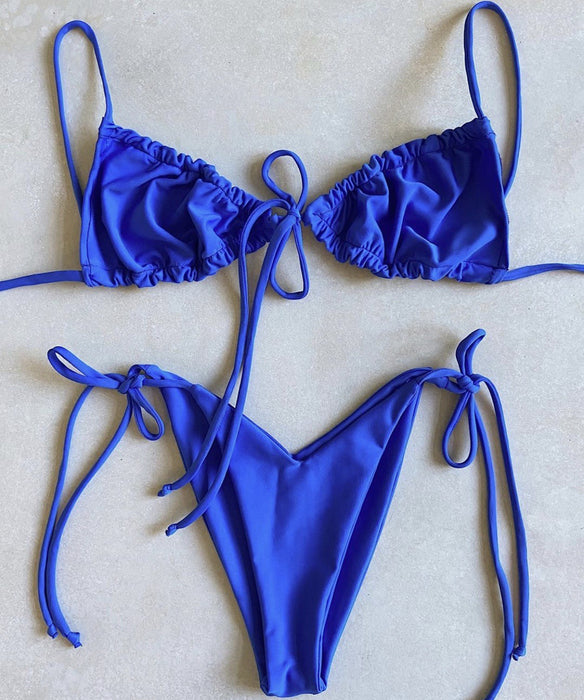 Color-Blue1-Popular Split Bikini Swimsuit Solid Color Women Bikini Tied Swimsuit-Fancey Boutique