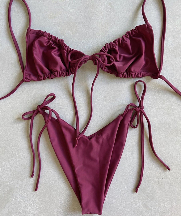 Color-Wine red-Popular Split Bikini Swimsuit Solid Color Women Bikini Tied Swimsuit-Fancey Boutique