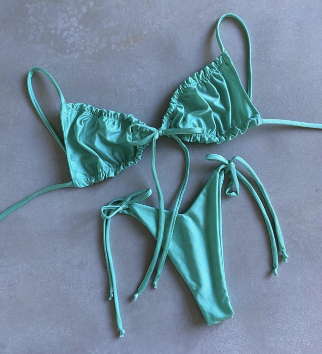 Color-Lake Blue-Popular Split Bikini Swimsuit Solid Color Women Bikini Tied Swimsuit-Fancey Boutique