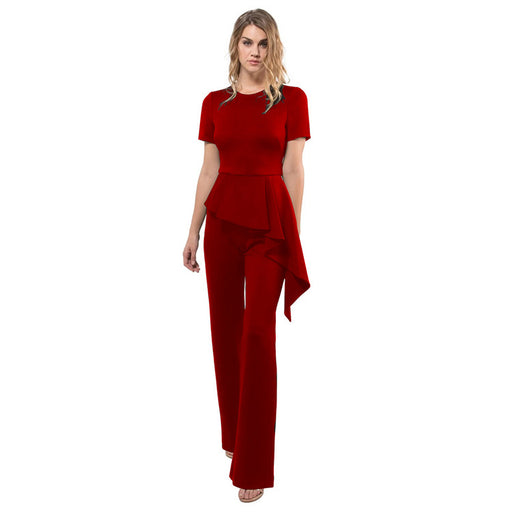 Color-Red-Summer Women Clothing Short Sleeve Lotus Leaf Jumpsuit Women Tight Trousers-Fancey Boutique