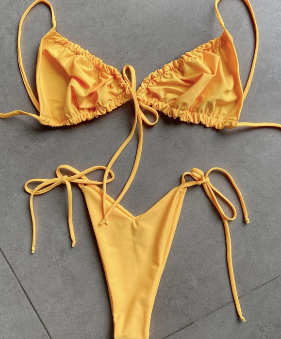 Color-Yellow-Popular Split Bikini Swimsuit Solid Color Women Bikini Tied Swimsuit-Fancey Boutique