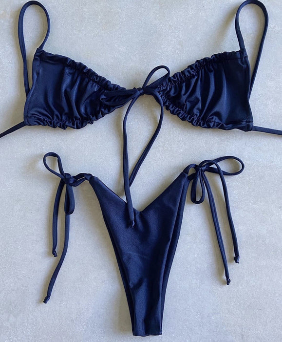 Color-Dark Blue-Popular Split Bikini Swimsuit Solid Color Women Bikini Tied Swimsuit-Fancey Boutique